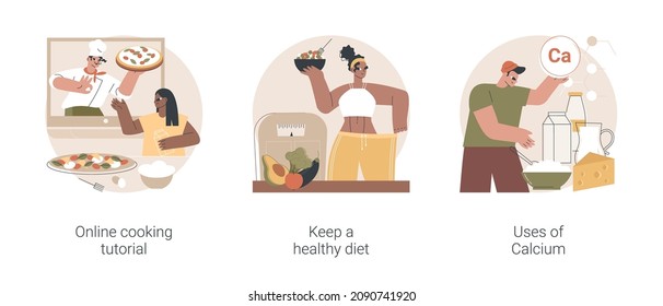 Food and nutrition tips abstract concept vector illustration set. Online cooking tutorial, keep a healthy diet, uses of Calcium, culinary video course, home chef, food blogger abstract metaphor.