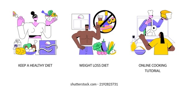 Food and nutrition tips abstract concept vector illustration set. Keep a healthy diet, weight loss, online cooking tutorial, meal plan, drink water, home chef, food blogger recipe abstract metaphor.