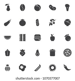 Food nutrition vector icons set, modern solid symbol collection, filled style pictogram pack. Signs logo illustration. Set includes icons as pear fruit, coffee bean, potato vegetable broccoli, tomato 