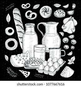 Food objects drawing elements. Sketch chalk milk bottle mug poultry fresh bread cheese split carcass chicken wings legs milk basket eggs jug spice herbs dumplings meat eggs. Hand drawn vector