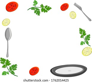 Objetos Alimenticios Coriander De Tomate Y Cuchara De Lime Marco Cuadrado De La Horquilla