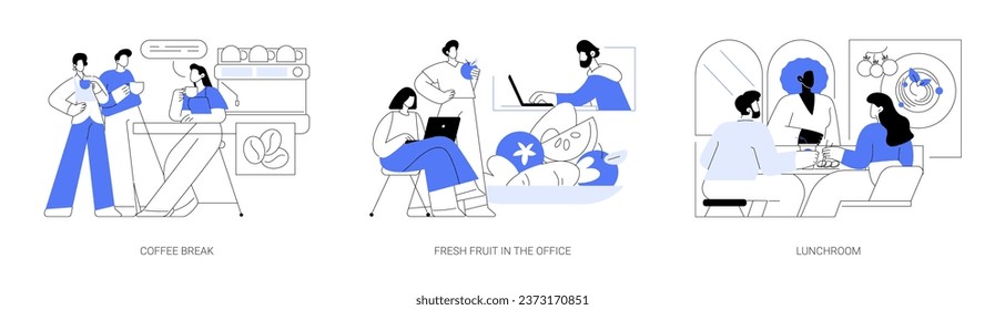 Food in the office isolated cartoon vector illustrations set. Coffee break in smart office, fresh fruit and vegetables at modern workplace, lunchroom and cafeteria, meal together vector cartoon.