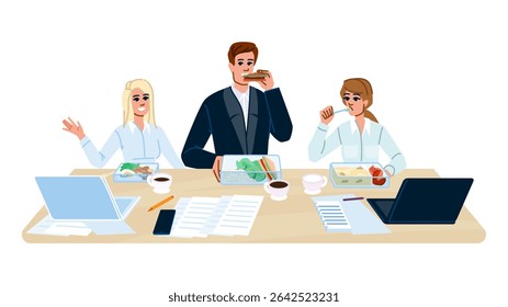 food office lunch colleagues vector. chat relax, network team, bonding snacks food office lunch colleagues character. people flat cartoon illustration