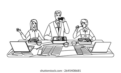 food office lunch colleagues vector. chat relax, network team, bonding snacks food office lunch colleagues character. people black line pencil drawing illustration