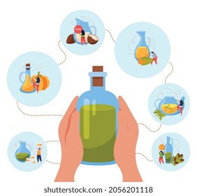 Food oils flat background with human hands holding bottle of oil with round compositions of ingredients vector illustration