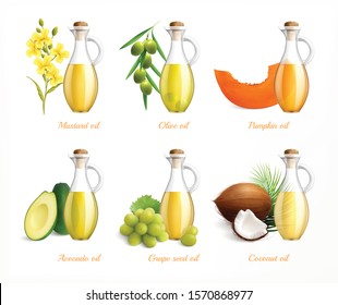 Food oils realistic icon set with mustard olive pumpkin avocado grape seed and coconut oils vector illustration