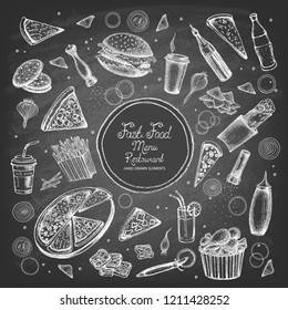 Food on the background of the chalk board. Fast food. Vector illustration.