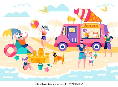 Food on Beach or Open Pond Vector Illustration. People Sunbathe and Relax on Beach. Ice Cream Machine with Inscription. Woman Sells Ice Cream Cones to Adults and Children. Flat Cartoon.