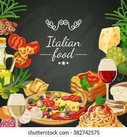 Food  on 	chalkboard background. Italian cuisine. Spaghetti with pesto, lasagna, penne pasta, pizza, olive oil, macaroni and cheese, red and white wine in glasses, prawns