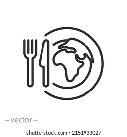 food on earth icon, globe and fork with knife, concept world hunger,  thin line symbol on white background - editable stroke vector illustration