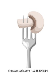 Food on fork. Champignon mushroom on stainless steel fork. Flat vector illustration isolated on white background.