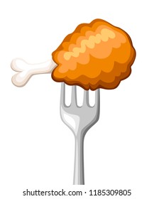 Food on fork. Fried chicken on stainless steel fork. Tempura, batter, fast food. Flat vector illustration isolated on white background.