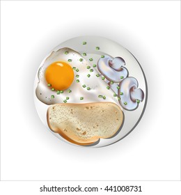 Food on a plate, egg with bread and mushrooms. Vector illustration