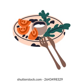 Comida no prato, fatias de tomate fresco, folha de rúcula, molho de mergulho ib bowl. Verdes, foguete de salada e vegetais servidos no prato. Lanche de legumes com utensílios. Ilustração de vetor plano isolada no plano de fundo branco