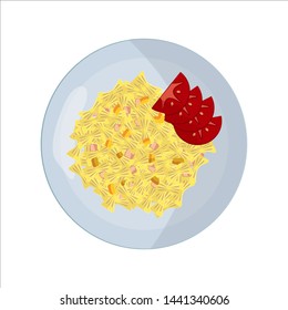 Food on a round white plate in flat style. The concept of lunch, dinner. Farfalle pasta with slices of pepper, ham or bacon. Vegetables red tomatoes. For icons, infographics, application elements