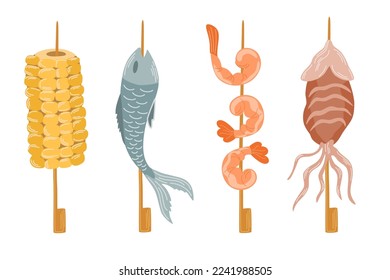 Food on a stick. Squid, Fish, Shrimp and corn. Yakitori set with different servers, for asian fast food and take out restaurants. Asian Food. Vector hand draw cartoon illustration.