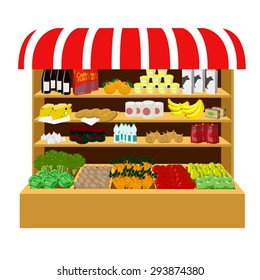 The food on the store shelves. Supermarket shopping.