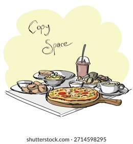 food on table with copy space illustration vector sketch with black lines