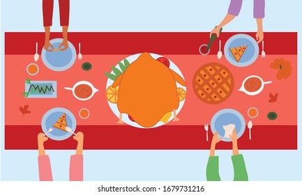 Food on table and hand, Thanksgiving celebrate