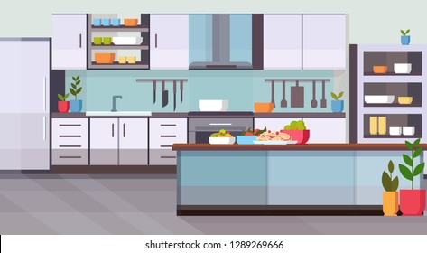 food on table modern kitchen interior design empty no people room contemporary appliances cooking and culinary concept flat horizontal