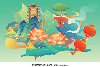 Food is on top of leaves with mountains and clouds behind, Qingming festival, Chinese style vector illustration