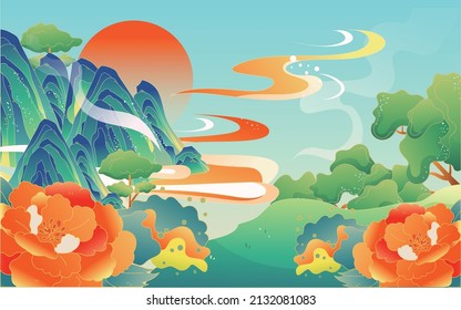 Food is on top of steamer with mountains and clouds behind, Qingming festival, Chinese style vector illustration