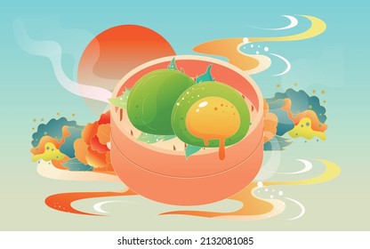 Food is on top of steamer with mountains and clouds behind, Qingming festival, Chinese style vector illustration