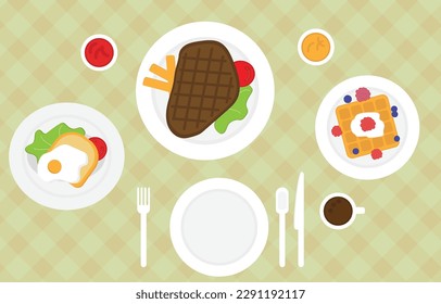 Food on top view table with fried eggs, vegetables, tomatoes, steak, waffles, plate, blueberries, raspberries, mayonnaise, ketchup, plaid tablecloth T, fork, spoon, knife, coffee mug, French fries. 