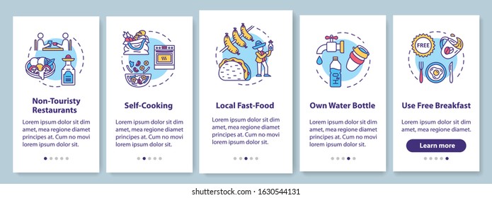 Food onboarding mobile app page screen with concepts. Non touristy restaurants. Self cooking. Budget traveling walkthrough 5 steps graphic instructions. UI vector template with RGB color illustrations