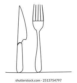 Food One line drawing, Spoon and Fork Icon Vector Illustration, cutlery line art, One line art illustration of knife and fork isolated on white background for restaurant logo 