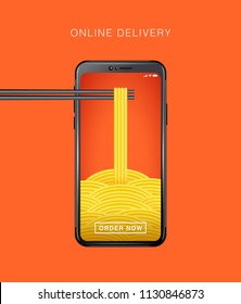 FOOD ONLINE DELIVERY. FOOD DELIVERY APP. ORDER FOOD ONLINE. NOODLE WITH CHOPSTICKS. SMART PHONE VISUAL CONCEPT FOR FOOD ONLINE DELIVERY,