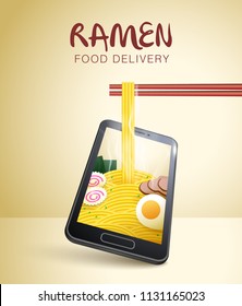 FOOD ONLINE DELIVERY. FOOD DELIVERY APP. ORDER FOOD ONLINE. NOODLE WITH CHOPSTICKS. SMART PHONE VISUAL CONCEPT FOR FOOD ONLINE DELIVERY. DIFFERENT PERSPECTIVE & ANGLE.