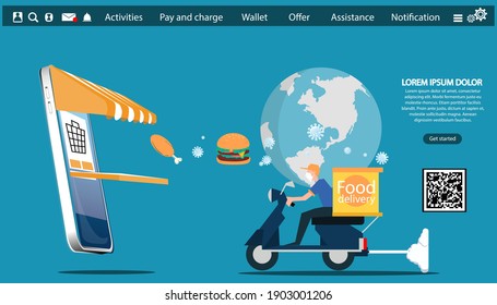  Food Online delivery COVID-19,Smartphone screen with QR code for online payment transfer,plague COVID-19,method protection covid 2019,concept illustration  Infographic template.