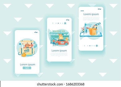 Food Online Delivery Mobile App Screen Templates. Cafe Courier Fast Service Smartphone Web Pages Vector Layout. Market and Shop Grocery Delivering Cartoon Illustration. Takeaway Meal Order