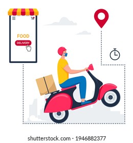 Food online delivery package service. Courier in mask deliver goods and food on a motorcycle. Online order tracking, delivery home and office. Vector illustration