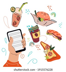 Food online order and delivery banner backdrop with hand holding smartphone and icons of various dishes. Application for ordering restaurant meals, cartoon vector illustration on white background.