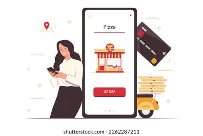 Food online order smartphone. Pizza delivery.Girl ordering pizza online and paying with card. Food delivery concept for banner, website design or landing web page.