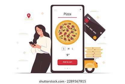 Food online order smartphone. Pizza delivery.Girl ordering pizza online and paying with card. Food delivery concept for banner, website design or landing web page.