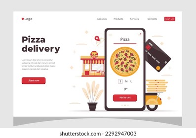 Food online order smartphone. Pizza delivery. Food delivery concept for banner, website design or landing web page.