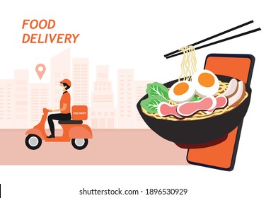 Food online ordering and delivery concept. Delivery man riding bike to delivery food to customer vector illustration vector illustration. Food app service concept