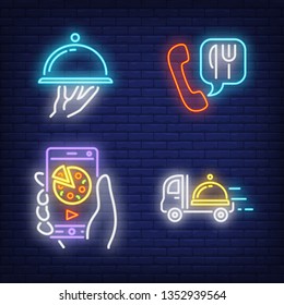 Food online, phone order and truck with serving tray neon signs set. Food delivery, takeaway meal design. Night bright neon sign, colorful billboard, light banner. Vector illustration in neon style.