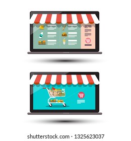Food Online Store Concpt. E Shop Icons. E-commerce Vector Design. E-shop App on Notebook Computers.