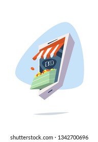 Food online store. Flat vector illustration in cartoon style isolated on white background.