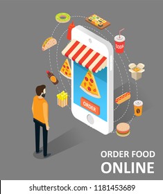 Food online vector isometric illustration. Online order of coffee, fast food, pizza, asian food, pastry via smartphone.