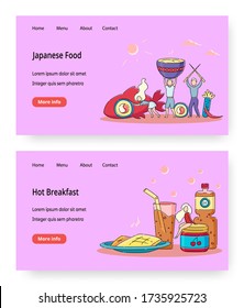 Food online vector website templates, landing page design for website and mobile site development. Traditional japanese food, fresh hot meal for breakfast online order, delivery service, recipe book.