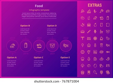 Food options infographic template, elements and icons. Infograph includes line icon set with food ingredients, restaurant meal, fruit and vegetables, sweet snacks, fast food, eat plan, cheese etc.