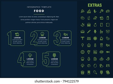 Food options infographic template, elements and icons. Infograph includes line icon set with food ingredients, restaurant meal, fruit and vegetables, sweet snacks, fast food, eat plan, cheese etc.