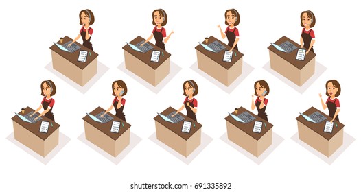 Food order acceptance. Online delivery restaurant call center. Woman character receptionist with phone, headphones, pen, checklist, laptop. Operator talk to customers, typing, writes, drink coffee