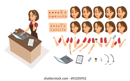 Food Order Acceptance. Online Delivery Restaurant Call Center. Character Creation Animation Set. Woman Operator Receptionist With Phone, Headphones. Body Part, Face Expression, Lips, Mouse Sync Design