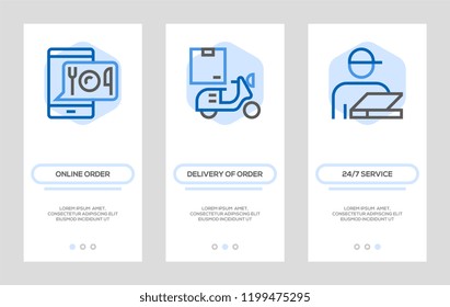 Food Order Banners. Online Order, Delivery of Order, 24/7 Service Vector Vertical Cards. Concept For Web Graphics.